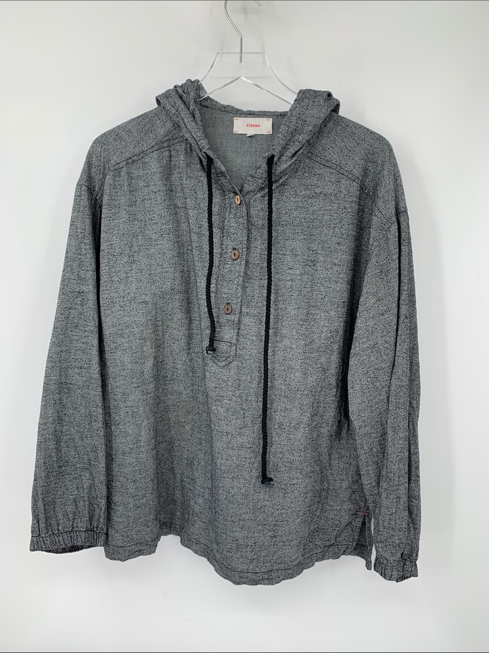 Xirena Henley hoodie shirt top blouse black hood boxy long sleeve X-Large XL